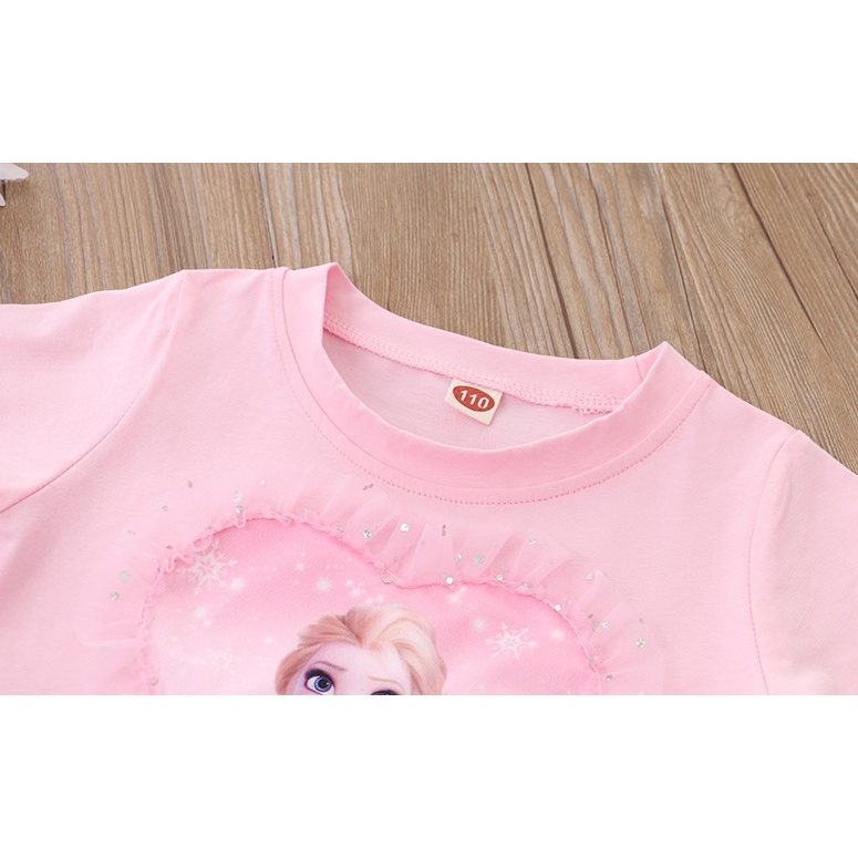 Váy ngắn tay chất cotton in hình công chúa Elsa lấp lánh cho bé gái