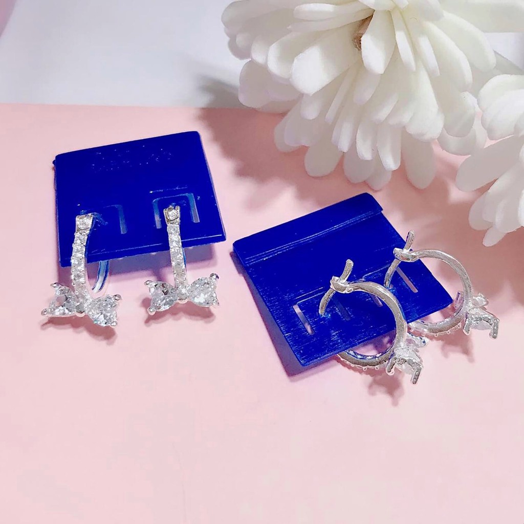 Khuyên Tai Bạc Ta CaoBac Jewellery Cho Nữ Móc Tròn Đá Thiết Kế Chốt Cài Phối Nơ Đá