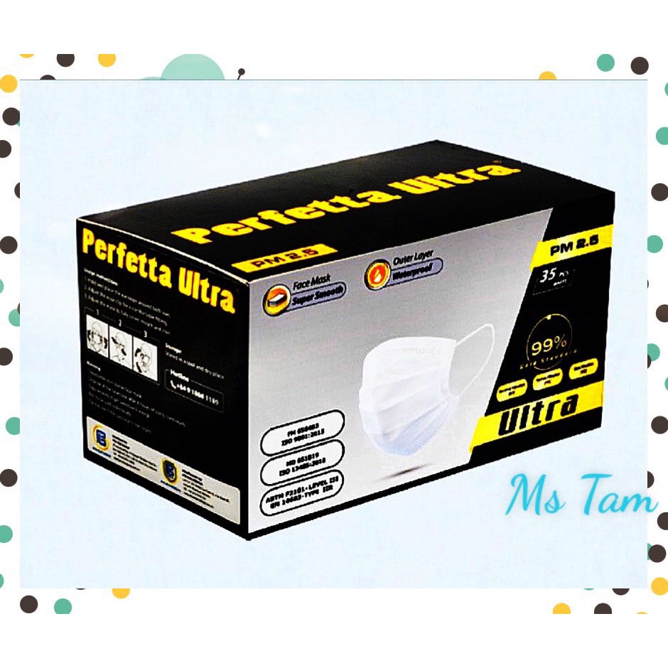 Khẩu Trang Y Tế Cao Cấp Perfetta Ultra PM 2.5 ngăn bụi mịn,siêu mềm mượt,chống thấm nước,chống khuẩn (1 hộp 35 cái )