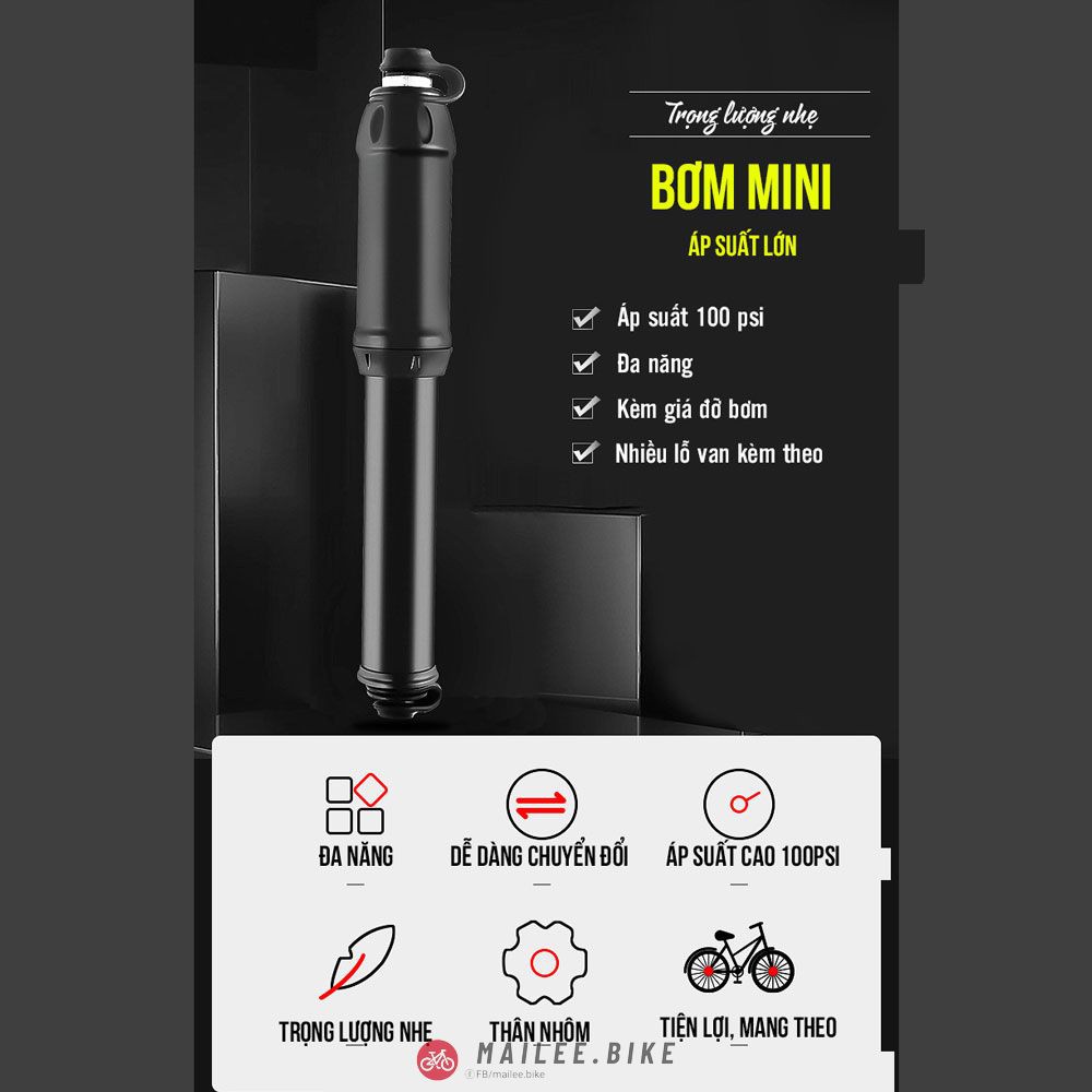 Bơm Xe Đạp Mini Cầm Tay Áp Suất 100Psi Kèm 3 Đầu Lỗ Bơm Khác Nhau Đa Năng Treo Sườn Xe Đạp Thể Thao Địa Hình MTB