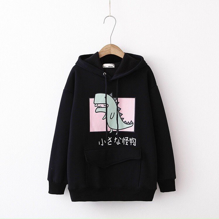ÁO HOODIE CHUI ĐẦU NỮ MÀU TRẮNG VẢI NỈ HÌNH KHỦNG LONG TÚI VUÔNG | BigBuy360 - bigbuy360.vn