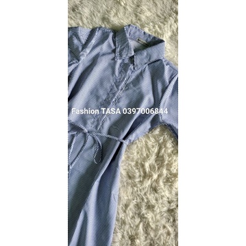 X2 Đầm công sở váy sơ mi sọc tà tròn tay dài thắt dây eo tôn dáng