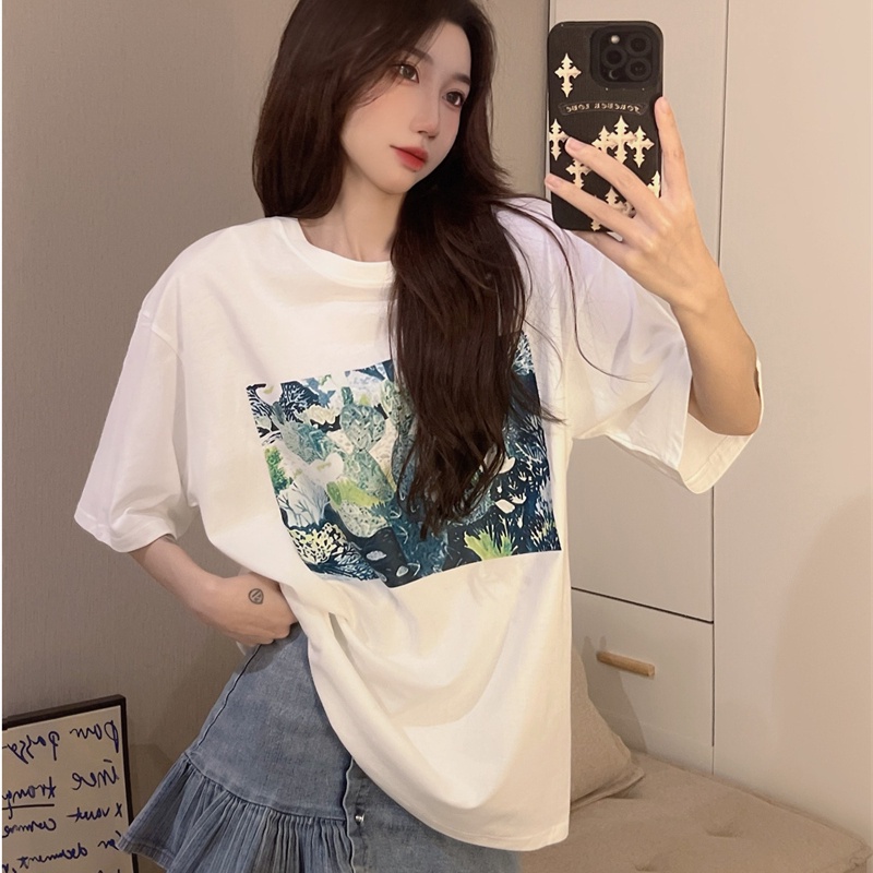 Áo thun SUXI tay ngắn cổ tròn dáng rộng in họa tiết đơn giản thời trang mùa hè cho nữ