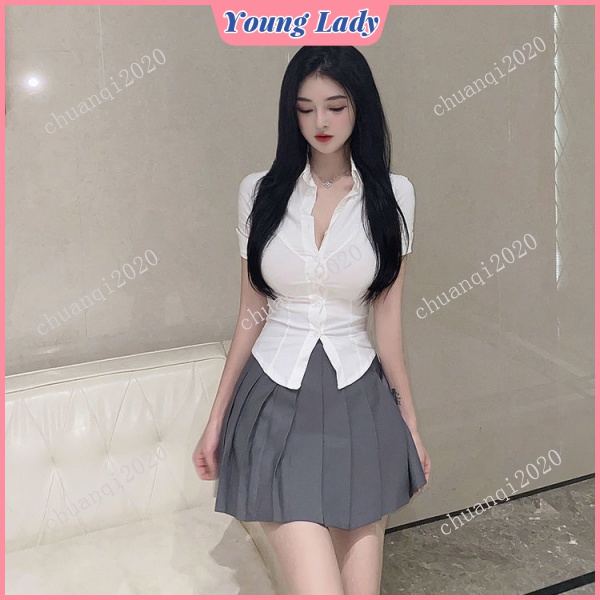 Set cà vạt và áo kiểu màu trắng trơn chiết eo phong cách Hàn Quốc thời trang 2022 cho nữ có lẻ áo