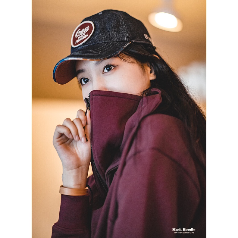 Áo sweater MADEN cotton cổ đứng có mũ trùm phối khóa kéo một nửa thời trang mùa thu Nhật Bản 2022 cho nữ