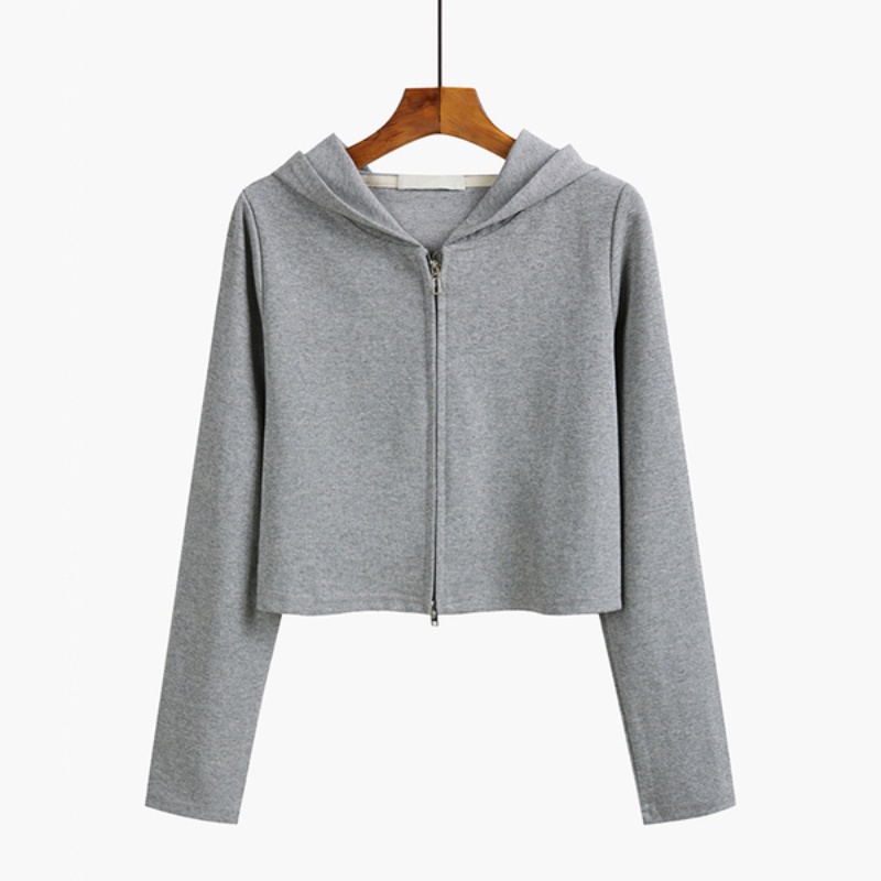 Áo khoác có mũ trùm đầu và khóa kéo cotton màu trơn phong cách Hàn Quốc thời trang dành cho nữ