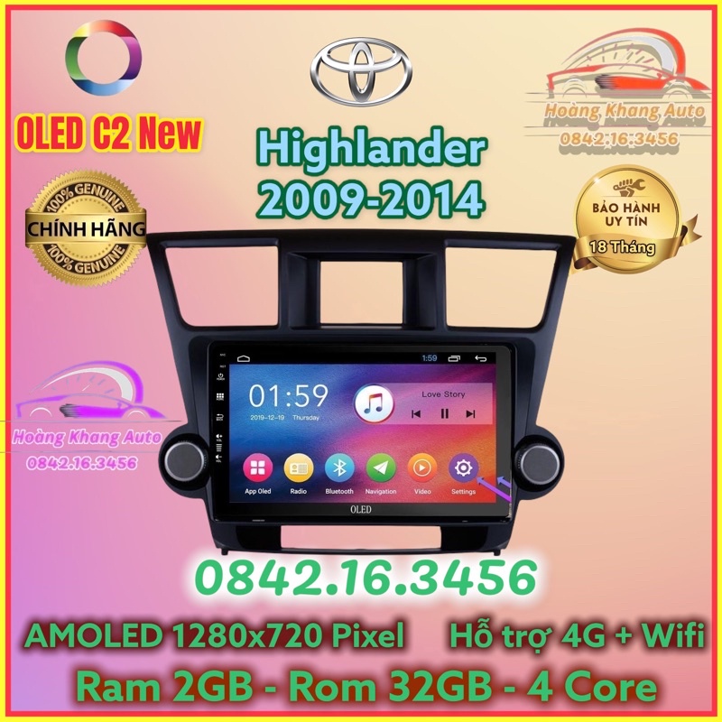 Màn hình Android OLED C2 New Theo Xe HIGHLANDER 2007 - 2014 kèm dưỡng và jack nguồn zin