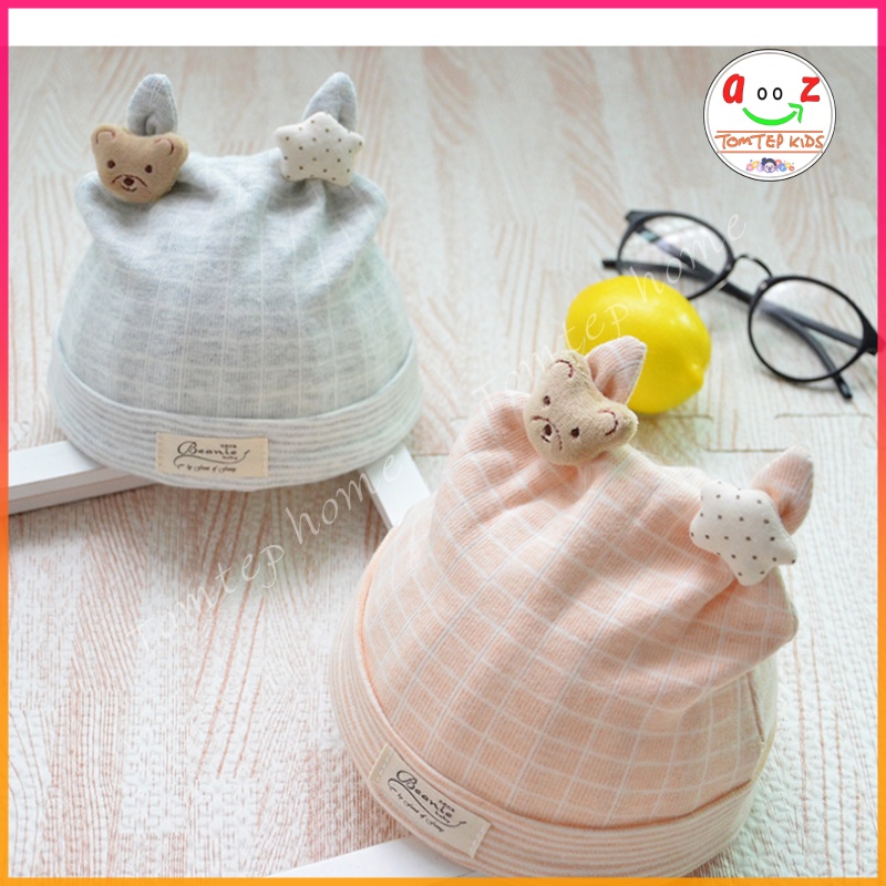 Mũ, Nón Sơ Sinh Che Thóp Cho Bé Từ 0 - 1 Tuổi Họa Tiết Gấu Sao. Chất Liều 100% Cotton Hữu Cơ Tự Nhiên An Toàn Cho Bé