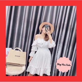 Váy trắng trễ vai nhún eo