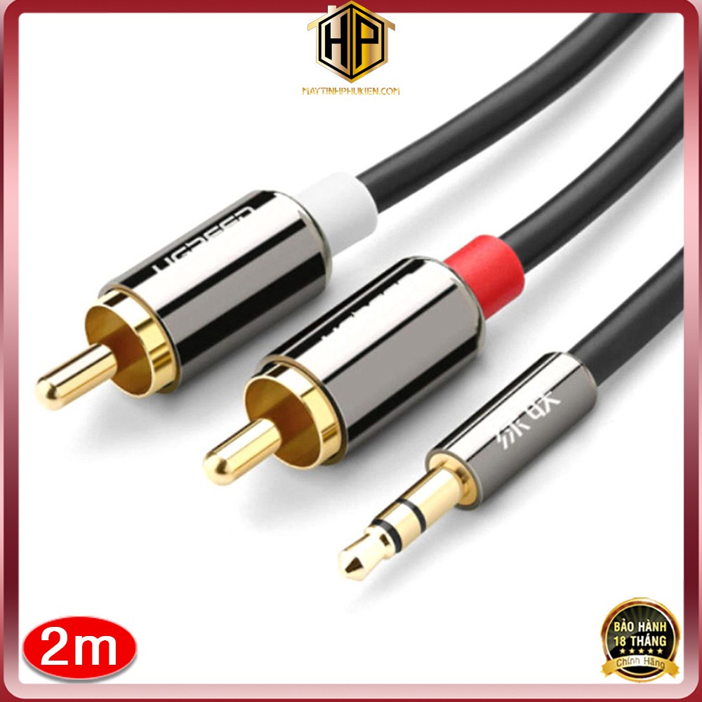 Ugreen 10584 - Cáp Audio 3.5mm ra 2 đầu RCA - Dây loa hoa sen dài 2m cao cấp