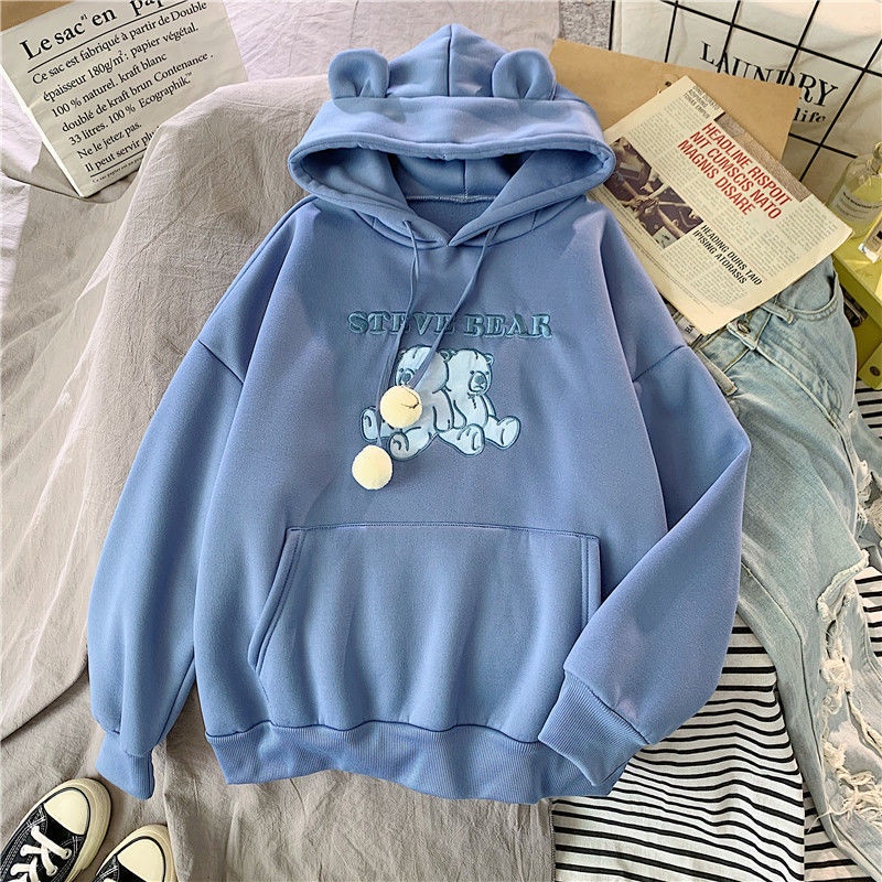 Áo Hoodie Dáng Rộng Thêu Hình Tai Gấu Dễ Thương Cho Nữ