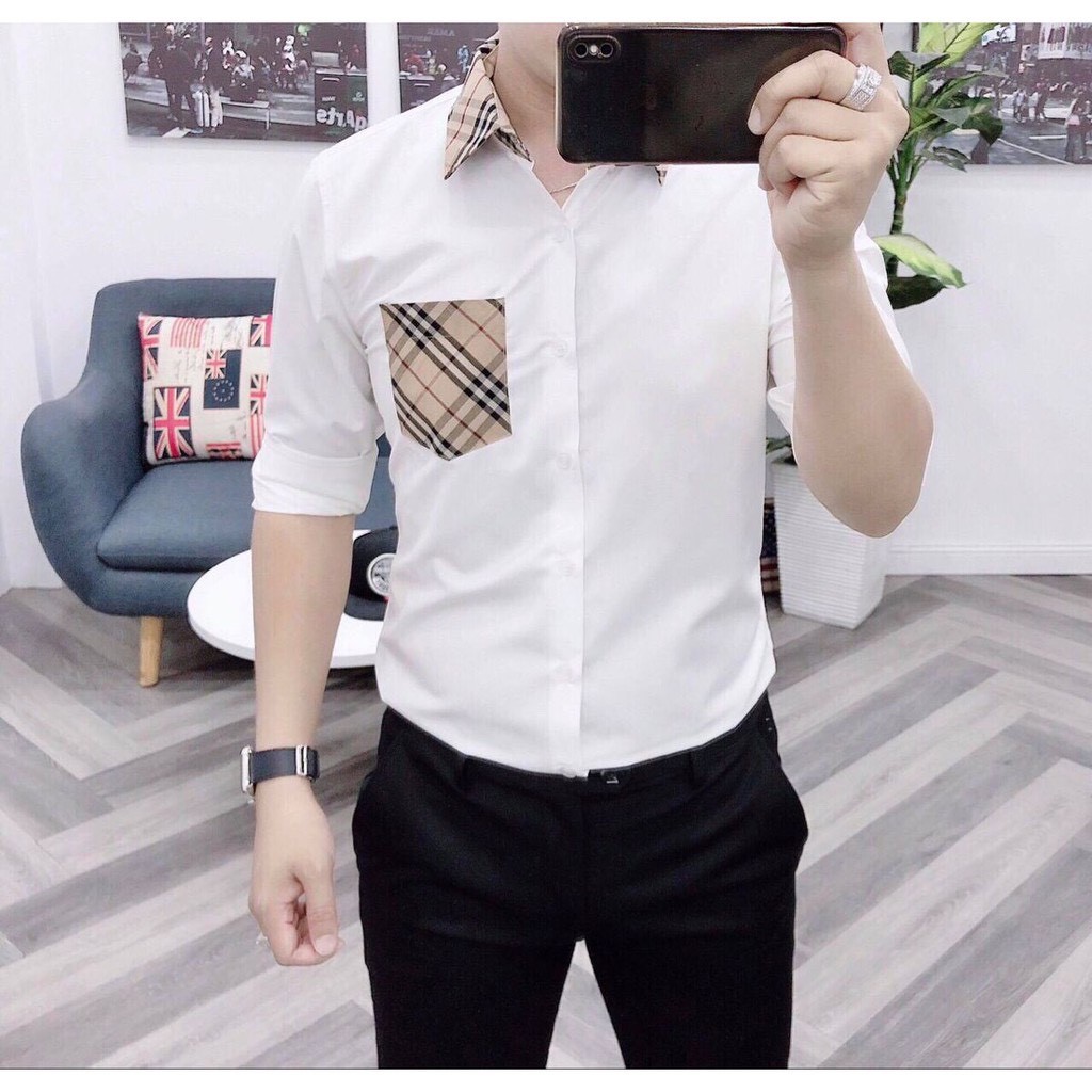 Áo sơ mi trắng nam phối kẻ BBR hàng chuẩn đẹp như hình