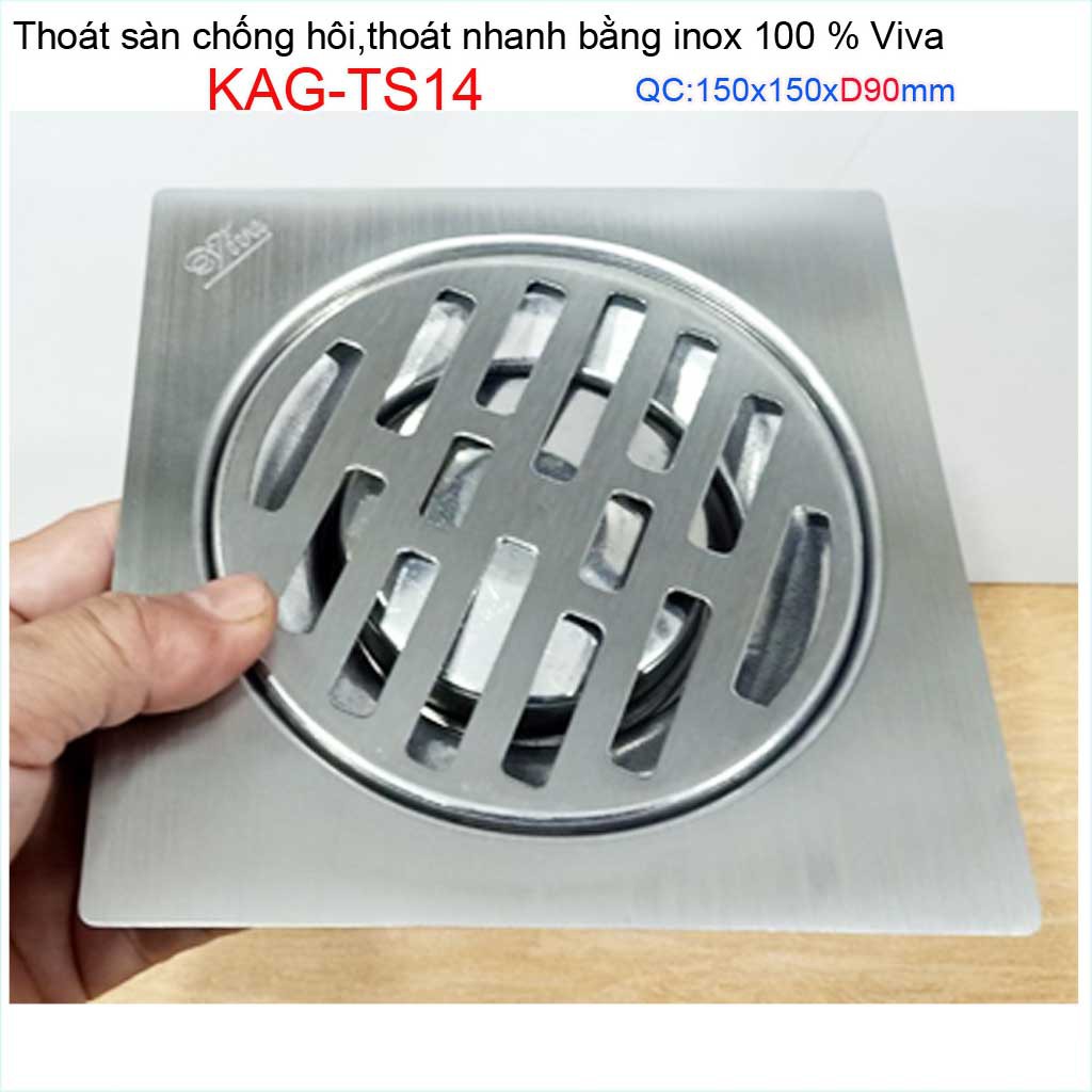 Hố ga thoát sàn Viva ống D90-9cm Inox mờ, phễu thoát nước chống hôi D90 vuông 15x15cm KAG-TS14