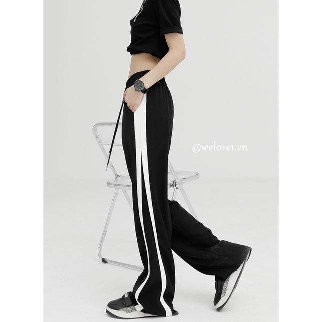 Quần Dài Thể Thao Ống Rộng Kẻ Sọc Màu Đen Phối Màu Thời Trang Hàn Quốc Cho Nữ