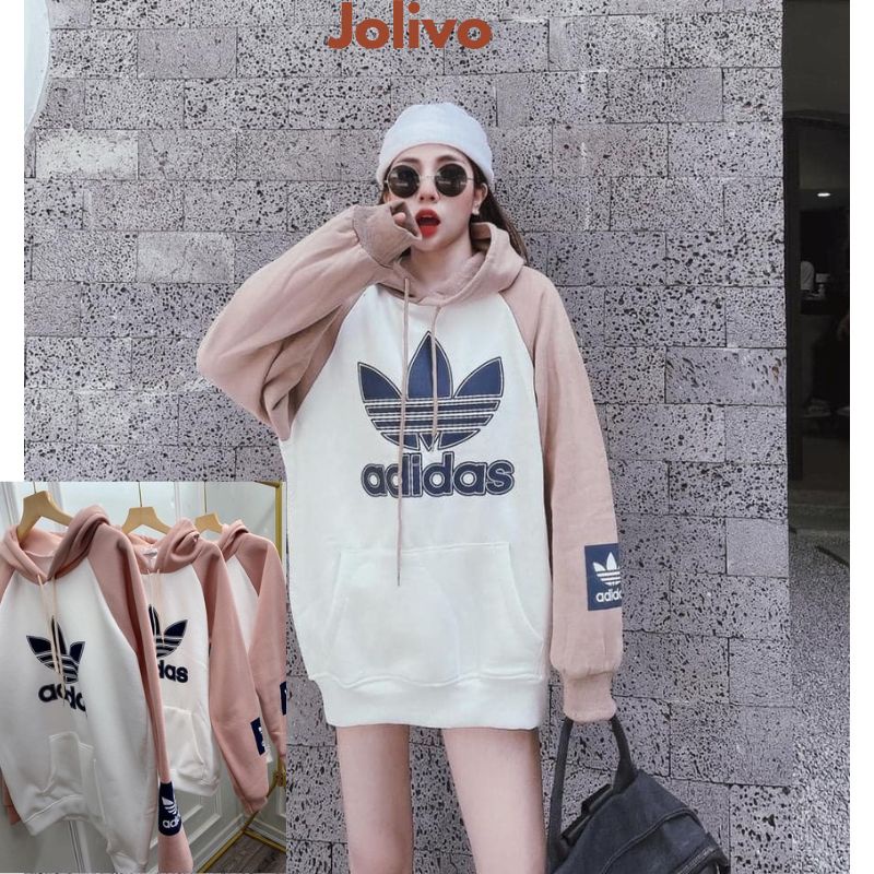 áo hoodie nam nữ form rộng áo nỉ có mũ phối màu Hồng trắng JOLIVO S360A