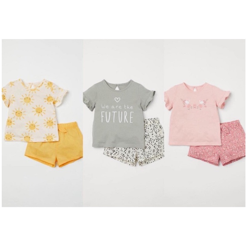 Set bộ cotton quần nơ bé gái HM