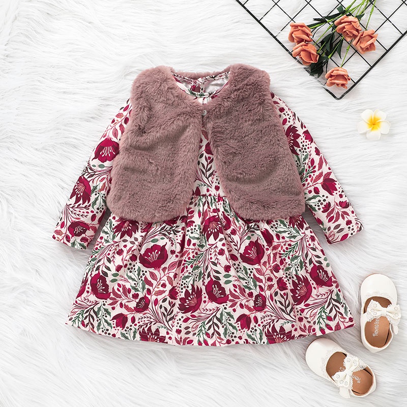 Váy xinh bé gái Phối Lông Ấm Áp 1-7 tuổi đầm công chúa thời trang hoa cho bé trẻ em