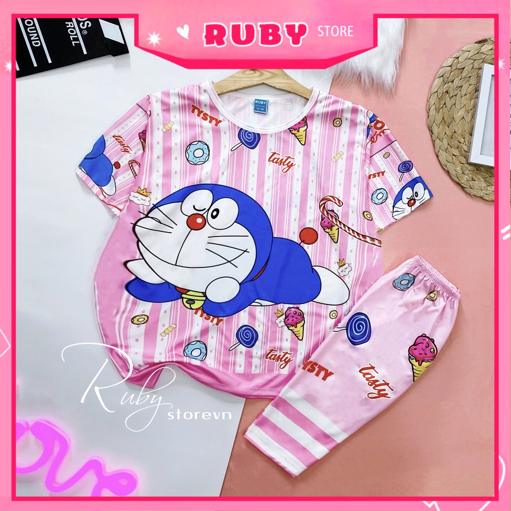 Đồ bộ thun QUẦN LỬNG cho bé mặc nhà size đến 70kg vải mềm mát in hình Doremon kitty Hoạt hình dễ thương DBRBL FULL SIZE