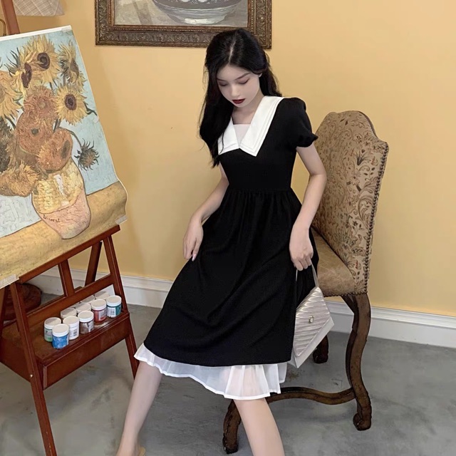 ĐẦM ĐEN PHỐI CỔ CHÂN BÈO TRẮNG | BigBuy360 - bigbuy360.vn