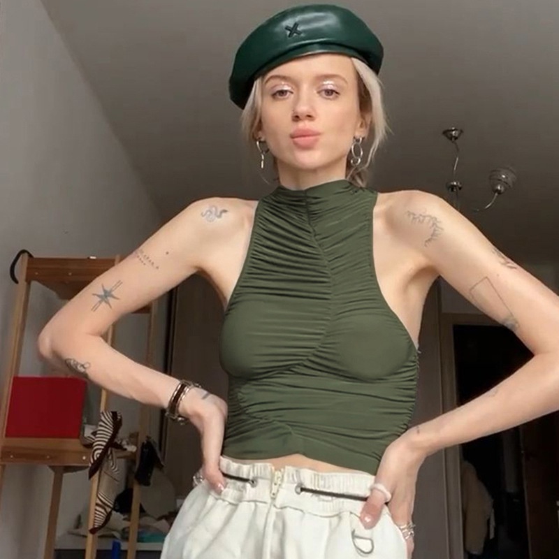 Áo Tank Top Cổ Tròn Xếp Ly Thời Trang Đường Phố Cá Tính Cho Nữ