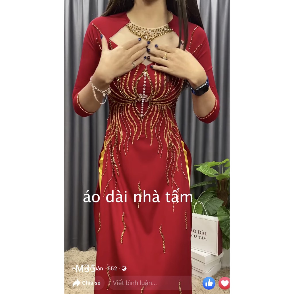 ÁO DÀI MẸ ĐÍNH PHA LÊ VÀ KẾT HOA MÀU ĐỎ CAO CẤP NHÀ TẤM - MÃ M35