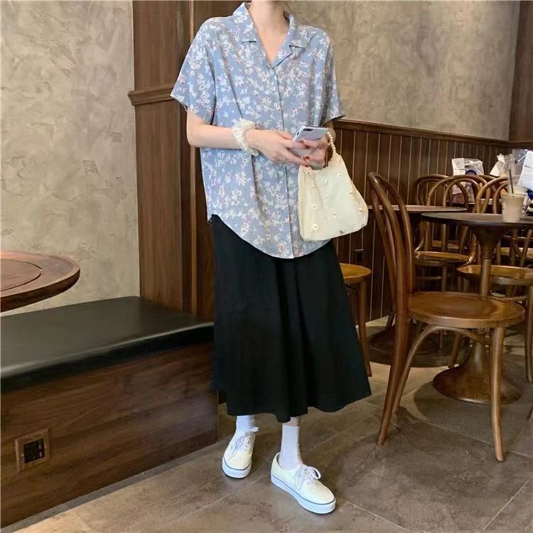 SUXI Áo sơ mi tay ngắn dáng rộng họa tiết hoa lá kiểu retro phong cách Hàn Quốc thời trang mùa hè cho nữ