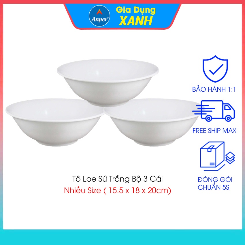 Combo 2 tô sứ 3 bát sứ ANPER dày size 15 18 20 cm ăn cơm gia đình và nhà hàng sang trọng an toàn