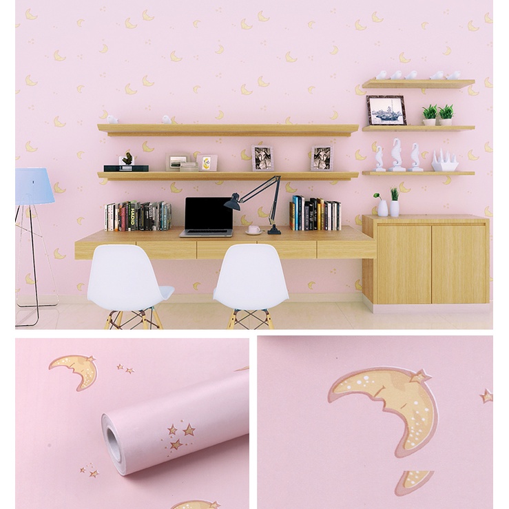 Decal giấy dán tường mặt trăng hồng khổ 45cm keo sẵn