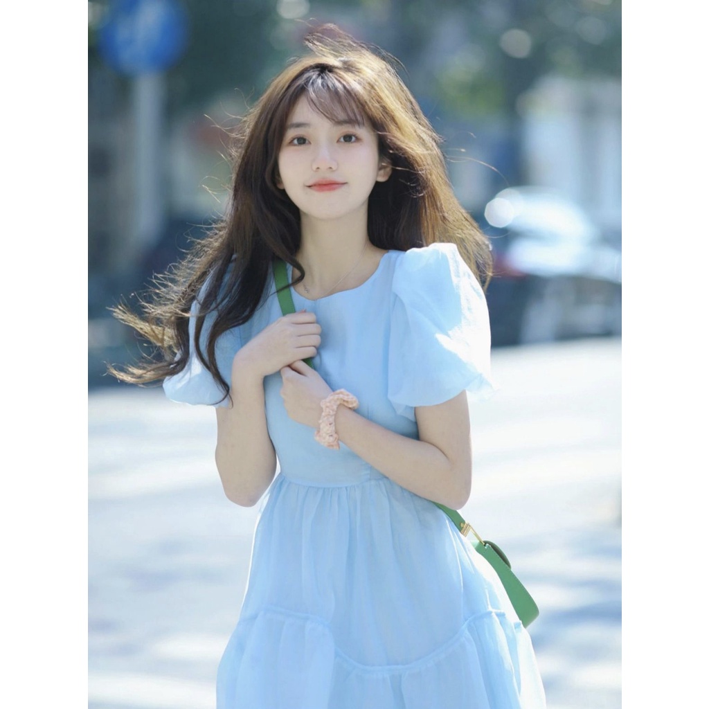Đầm babydoll voan tay phồng phong cách Hàn Quốc dễ thương, váy babydoll xanh Ulzzang phong cách cute dễ thương
