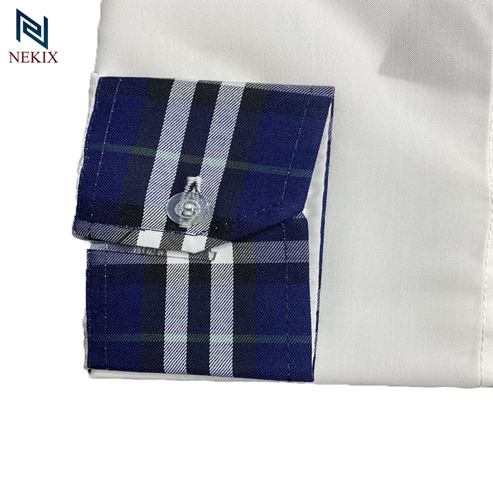 Áo Sơ Mi Nam Dài Tay Trắng Phối Kẻ Cổ Kẻ Tay Vải Lụa Trơn Form Body 1