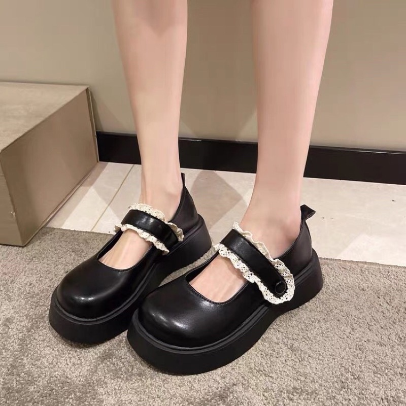 Giày búp bê lolita nữ đế cao phối quai ren cài ulzzang mũi tròn JAENIA GD008