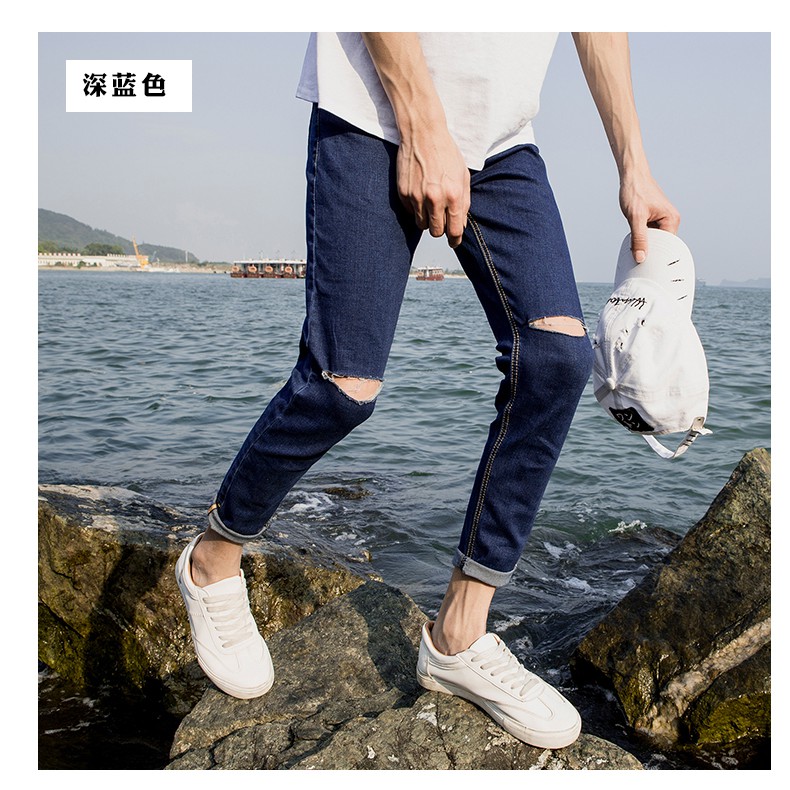 Quần jeans xanh rách gối Hàn Quốc