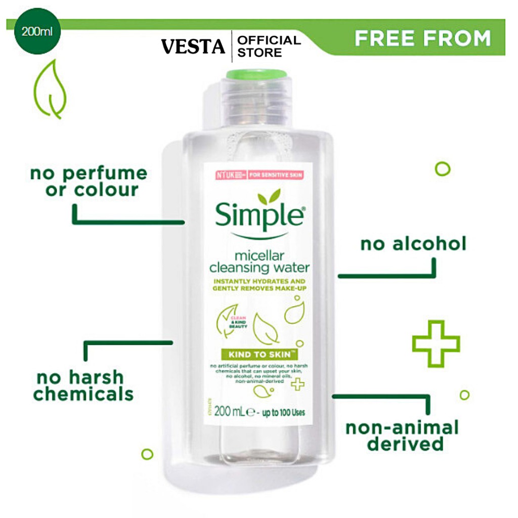 Nước tẩy trang simple Micellar 200ml làm sạch trang điểm skincare chăm sóc dưỡng da vượt trội