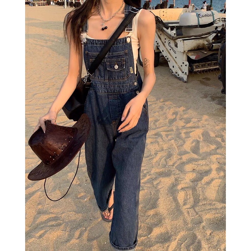 Quần yếm bò Ulzzang / yếm jeans ống rộng màu xanh đậm / quần yếm denim ống rộng | BigBuy360 - bigbuy360.vn