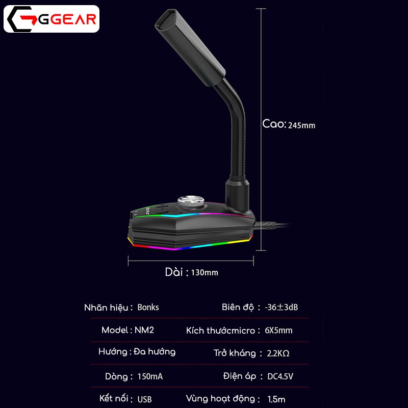 Micro thu âm Ggear MNS2 Hiệu ứng EQ led rgb chống ồn lọc nhiễu âm thanh chân thực livestream học online đàm thoại gaming