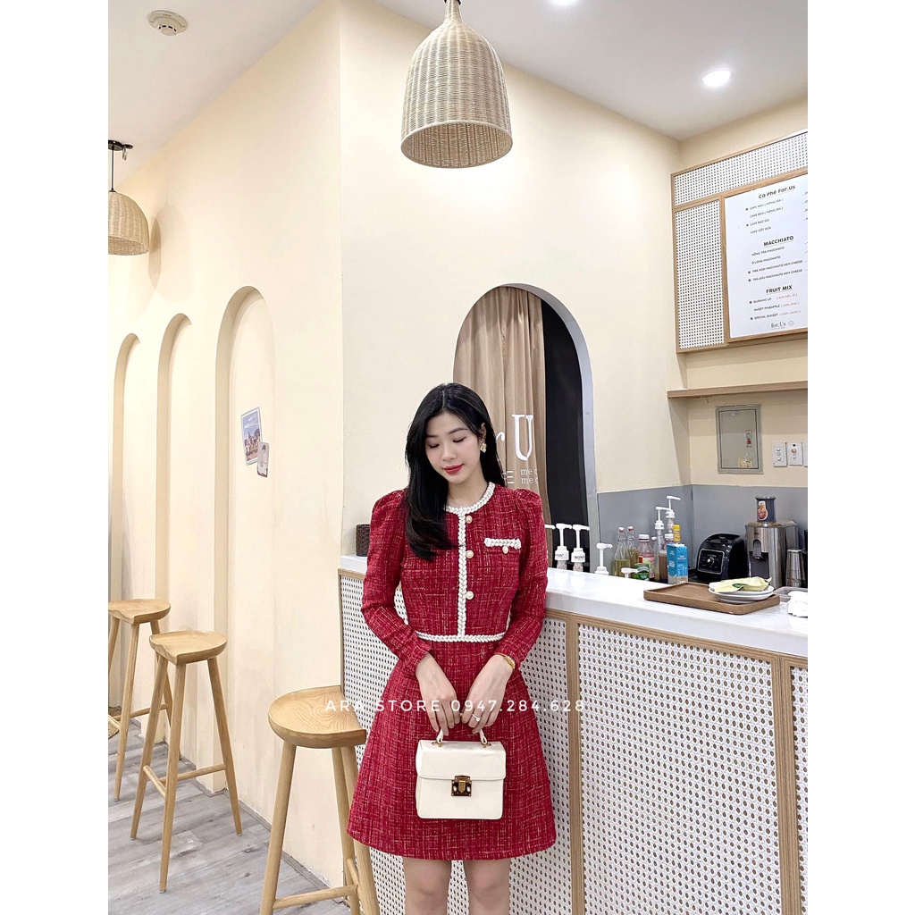 Váy dạ đỏ Tweet cao cấp phối viền cách điệu Ara V06