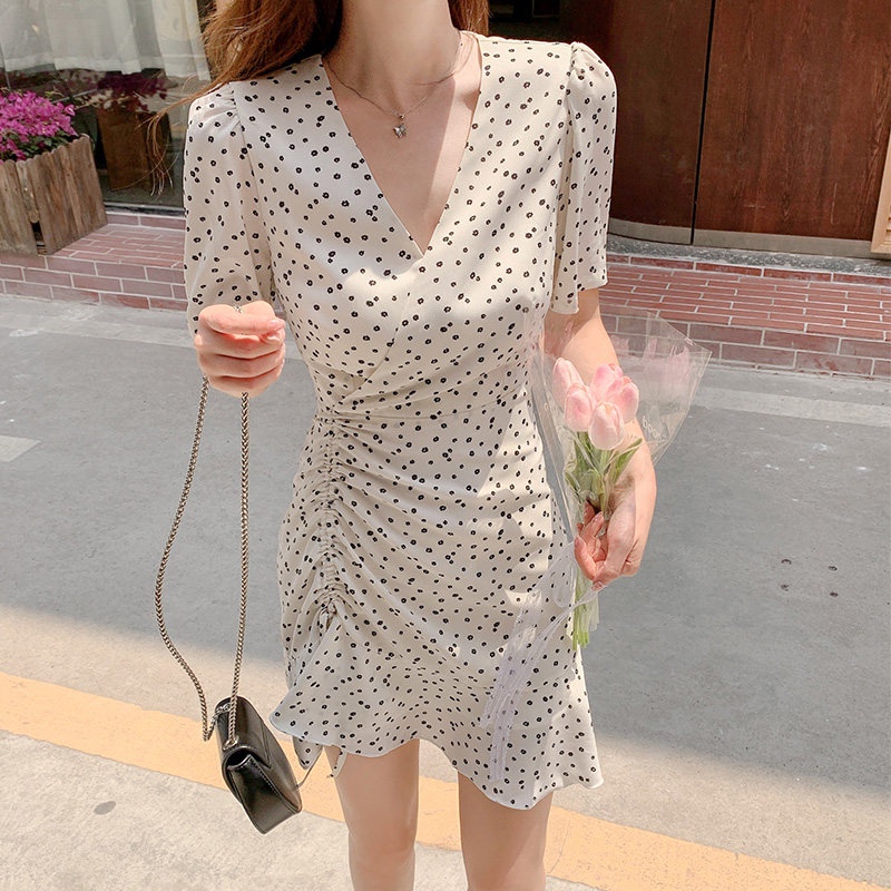 Đầm Tay Ngắn Cổ Chữ V Họa Tiết Chấm Bi Phong Cách Hàn Quốc Thời Trang Cho Nữ