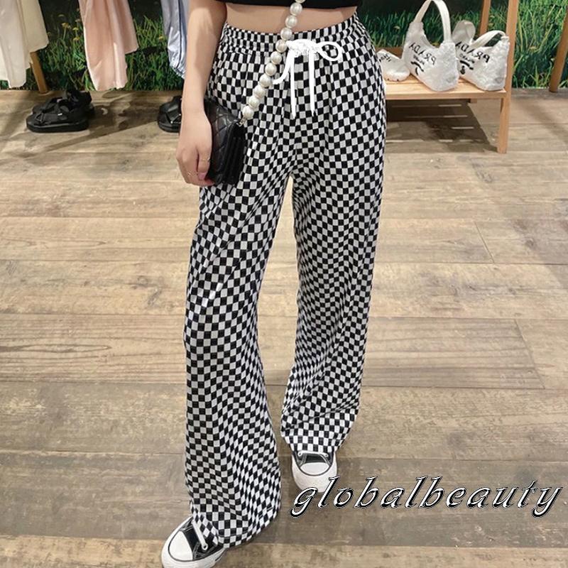 Quần Dài Ống Rộng Họa Tiết Caro Lưng Thun Co Giãn Có Thể Điều Chỉnh Thời Trang Mùa Xuân Cho Nữ 00GB