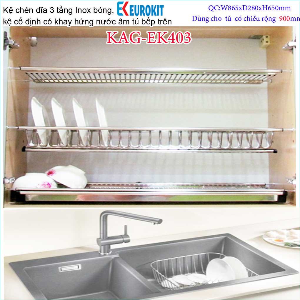 Kệ chén dĩa 3 tầng âm tủ chữ V KAG-EK403-90cm, kệ chén âm tủ Eurokit 90cm Inox bóng cao cấp