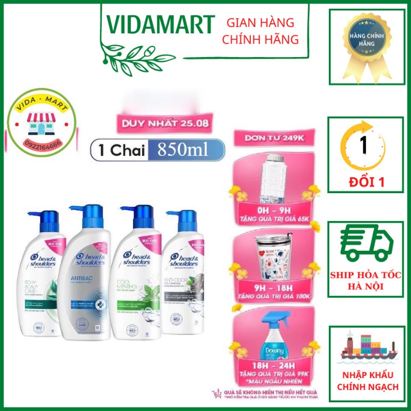 Dầu Gội HEAD &amp; SHOULDERS chai 850ml Bạc Hà/ Da Đầu Ngứa/ Ngăn Rụng Tóc/ Than Hoạt Tính  ( Sạch Sâu và Khử Mùi ) SP200279