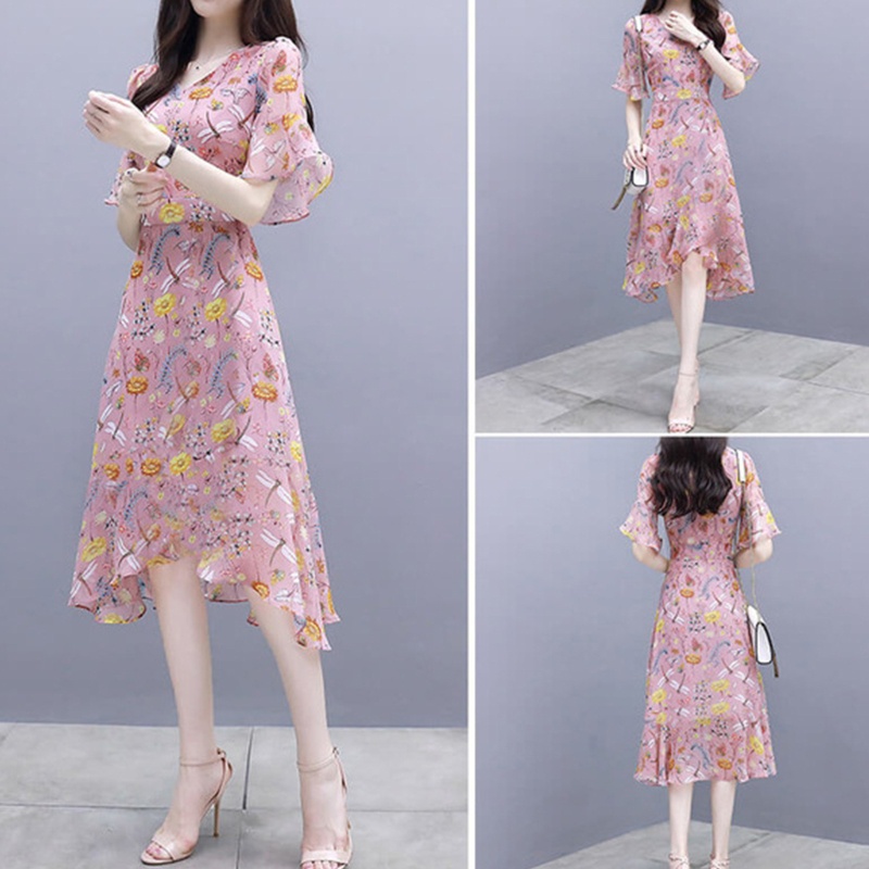 Đầm Midi Dáng Chữ A Tay Loe Cổ Chữ V In Họa Tiết Hoa Thời Trang Xinh Xắn Cho Nữ