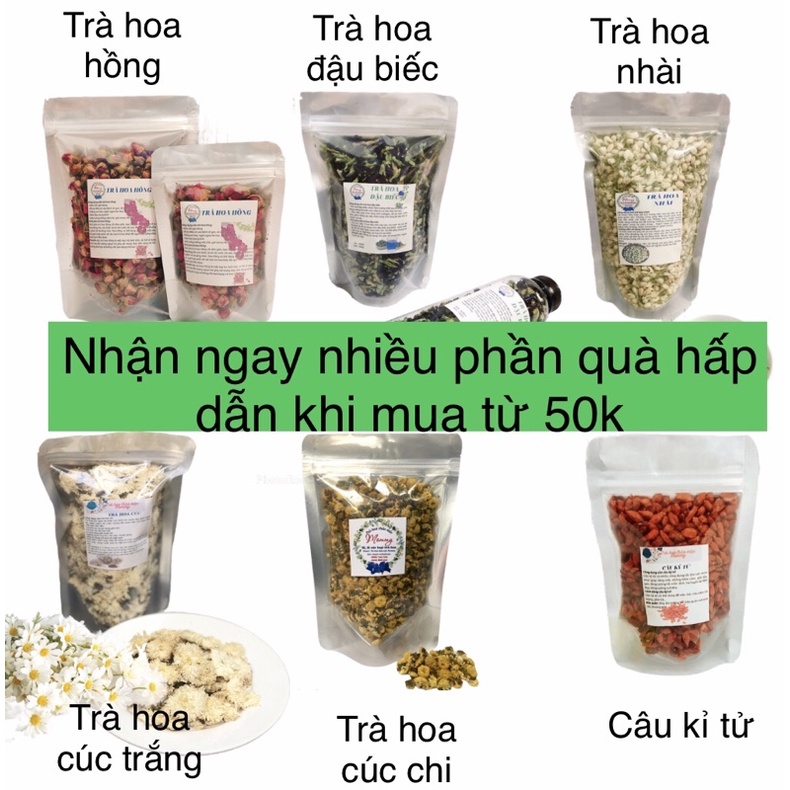 Gói trà hoa đậu biếc sấy khô và các loại trà hoa khác đồng giá (khối lượng từ 20g đến 80g tuỳ loại)