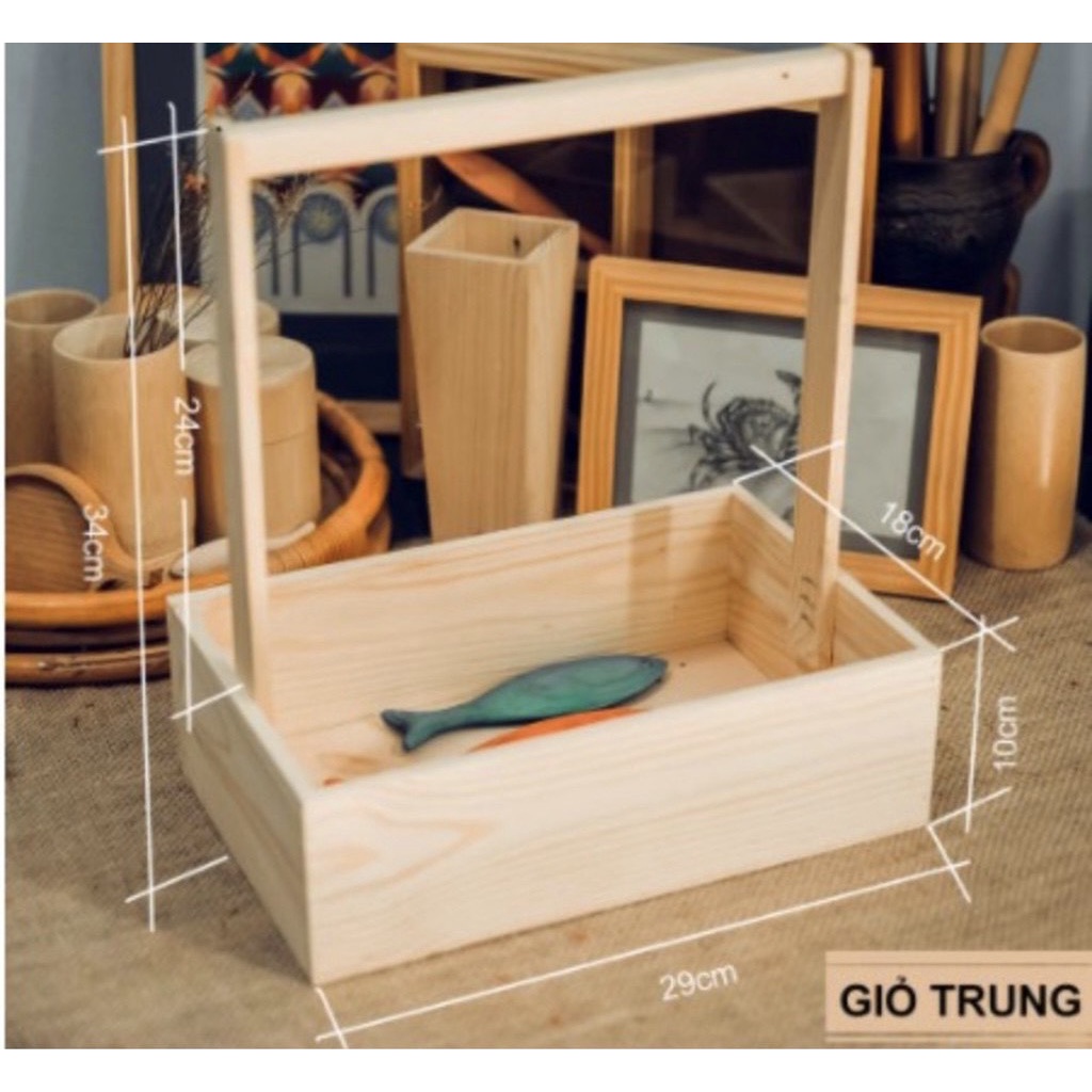 Giỏ gỗ cắm hoa, làm giỏ quà tặng có quai xách từ gỗ thông tự nhiên