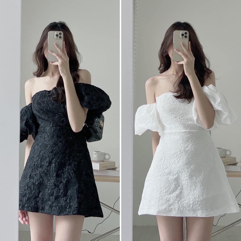 Đầm trễ vai tay bồng kèm mút ngực vải gấm, Váy dự tiệc chụp kỷ yếu sang chảnh