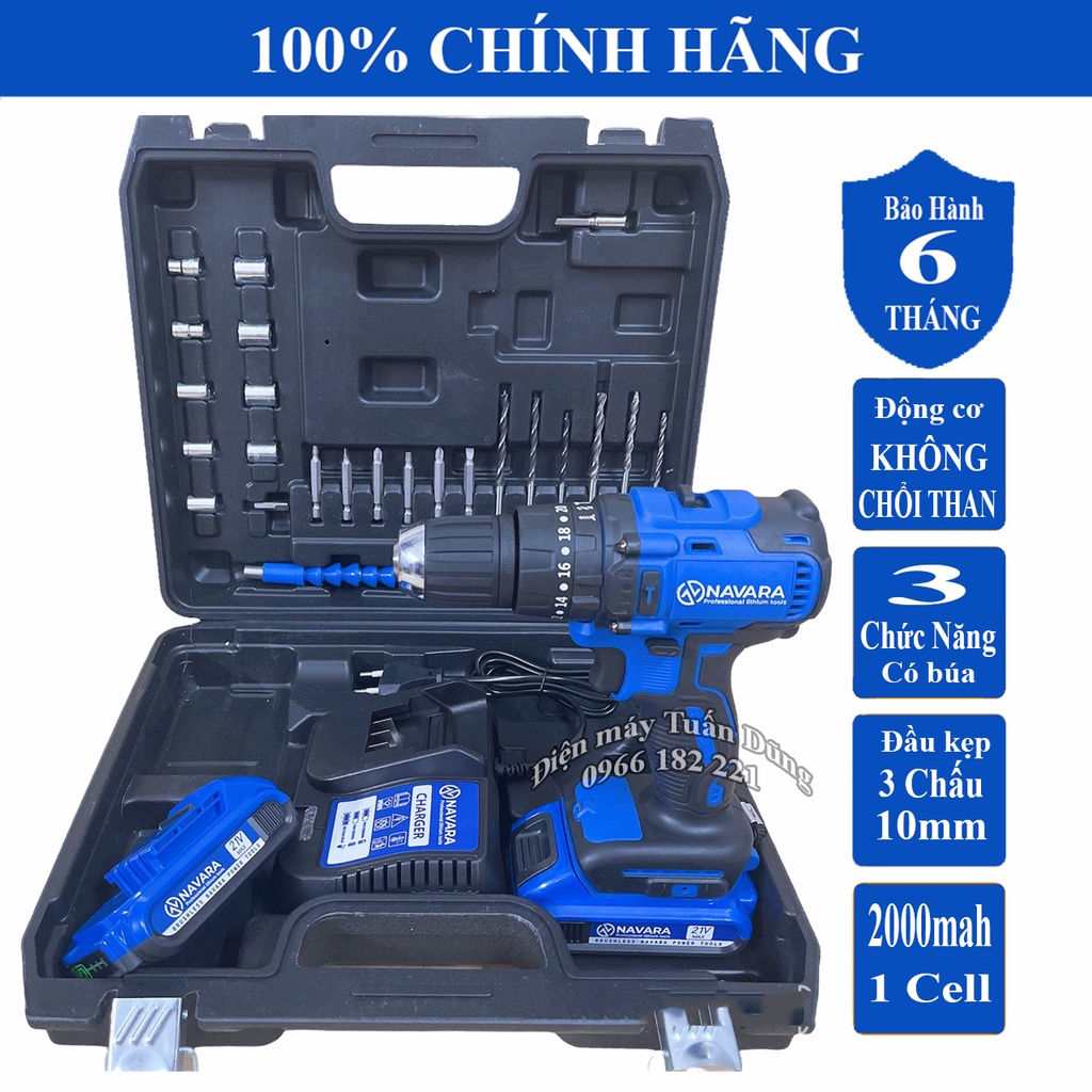 Máy khoan dùng pin 3 Chức Năng Thương hiệu Navara 7005 Động cơ Không Chổi Than Siêu mạnh mẽ và bền bỉ Tặng 24 Phụ kiện