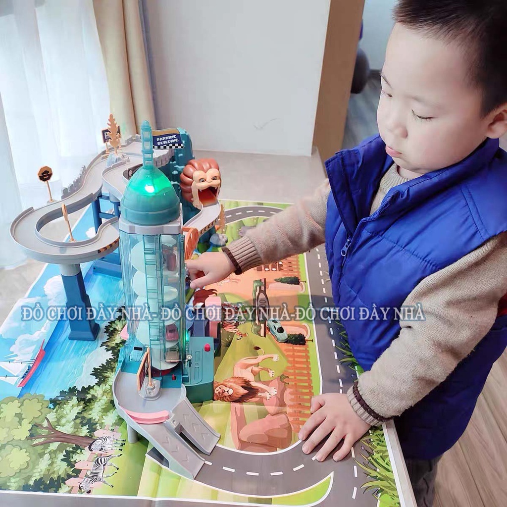(Kèm 4 ô tô) Đường đua siêu tốc, đường hầm sư tử có thang máy tự động