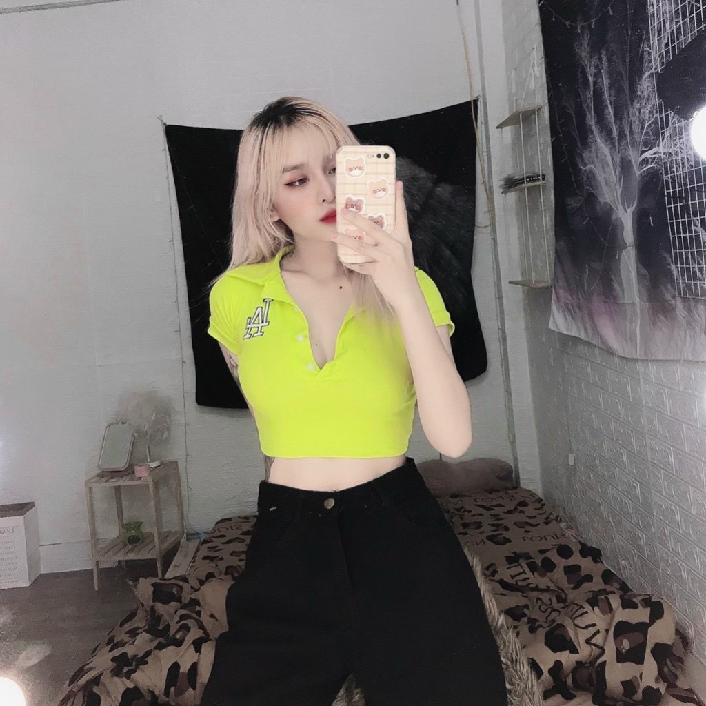 Áo croptop polo thêu chữ bên ngực xinh , chất thun bozip mềm mịn ( ảnh thật )