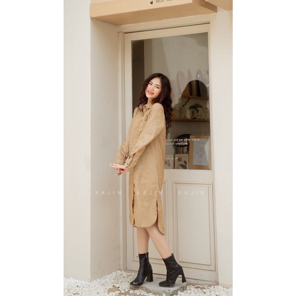 Đầm sơ mi linen tưng, dài tay, xẻ vạt