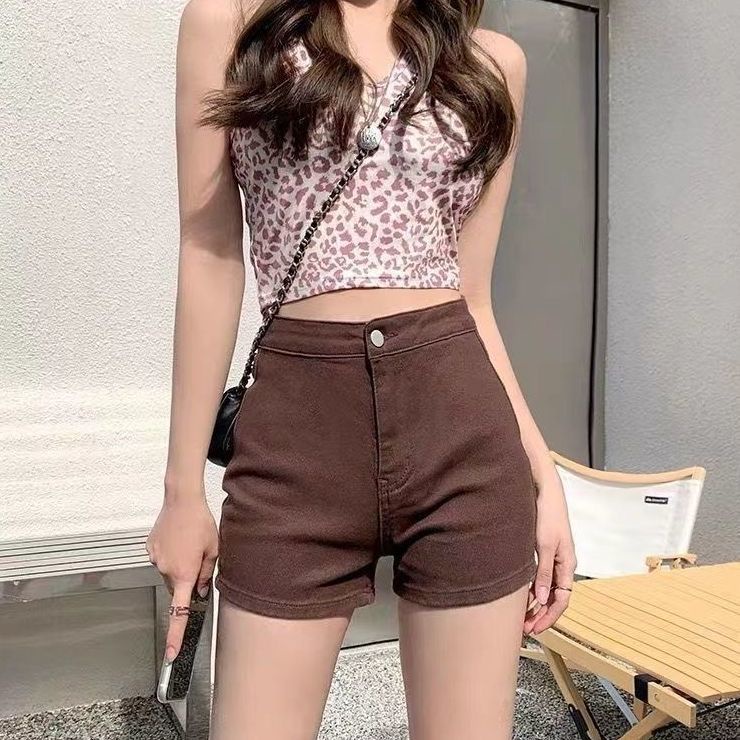 Quần denim ngắn siêu ôm dáng lưng cao màu nâu thời trang 2022 mùa hè cho nữ