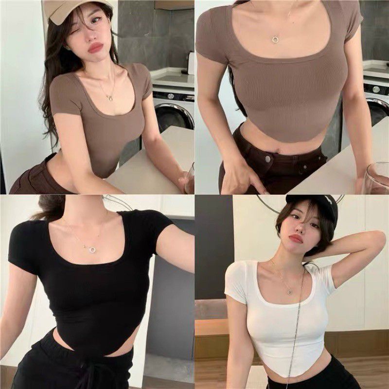 Áo croptop tay ngắn vạt bầu cổ  vuông (a15)